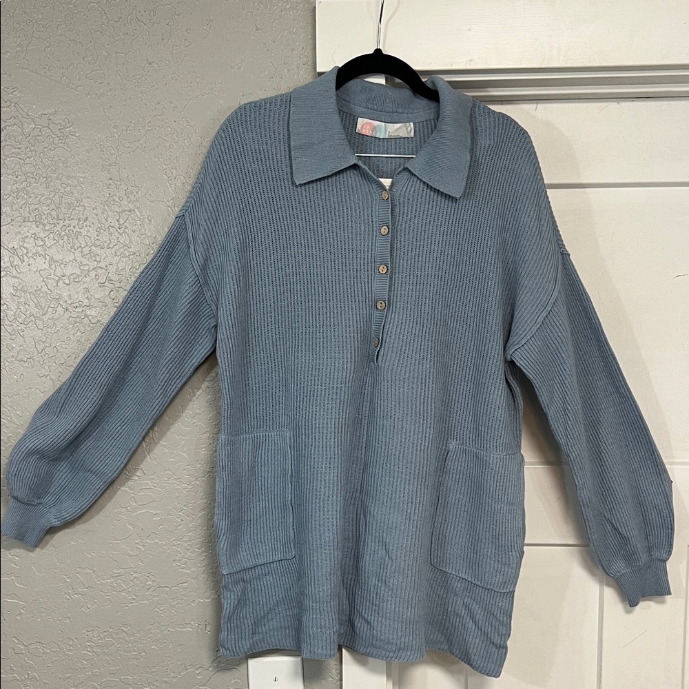 FREE PEOPLE BEACH RIBBED PICNIC SWEATER MINI DRESS  BLUE - Picture 3 of 16